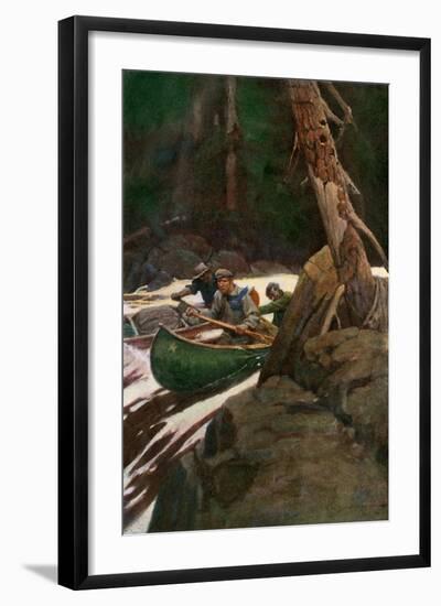 Trappers Running Rapids on a Wilderness River, circa 1900-null-Framed Giclee Print