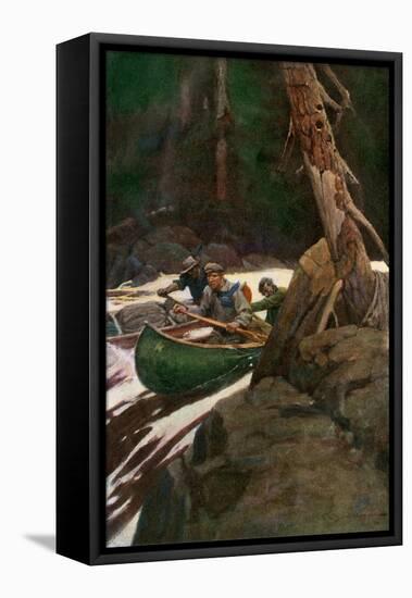 Trappers Running Rapids on a Wilderness River, circa 1900-null-Framed Stretched Canvas