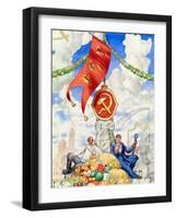 Travailleur Et Fermier Reunis Sous Le Drapeau Communiste  Affiche De Propagande De Boris Michaylov-Boris Mikhailovich Kustodiev-Framed Giclee Print