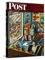 "Travel Agent at Desk," Saturday Evening Post Cover, February 12, 1949-Constantin Alajalov-Stretched Canvas