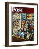 "Travel Agent at Desk," Saturday Evening Post Cover, February 12, 1949-Constantin Alajalov-Framed Giclee Print