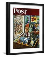 "Travel Agent at Desk," Saturday Evening Post Cover, February 12, 1949-Constantin Alajalov-Framed Giclee Print