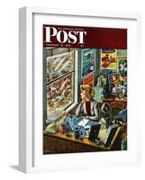 "Travel Agent at Desk," Saturday Evening Post Cover, February 12, 1949-Constantin Alajalov-Framed Giclee Print