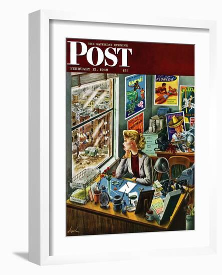 "Travel Agent at Desk," Saturday Evening Post Cover, February 12, 1949-Constantin Alajalov-Framed Giclee Print