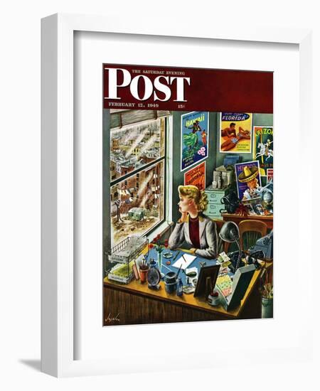 "Travel Agent at Desk," Saturday Evening Post Cover, February 12, 1949-Constantin Alajalov-Framed Giclee Print