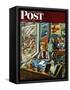 "Travel Agent at Desk," Saturday Evening Post Cover, February 12, 1949-Constantin Alajalov-Framed Stretched Canvas