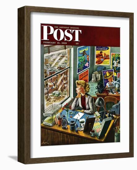 "Travel Agent at Desk," Saturday Evening Post Cover, February 12, 1949-Constantin Alajalov-Framed Premium Giclee Print