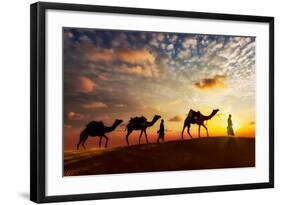 Travel Background - Two Cameleers (Camel Drivers) with Camels Silhouettes in Dunes of Desert on Sun-DR Travel Photo and Video-Framed Photographic Print