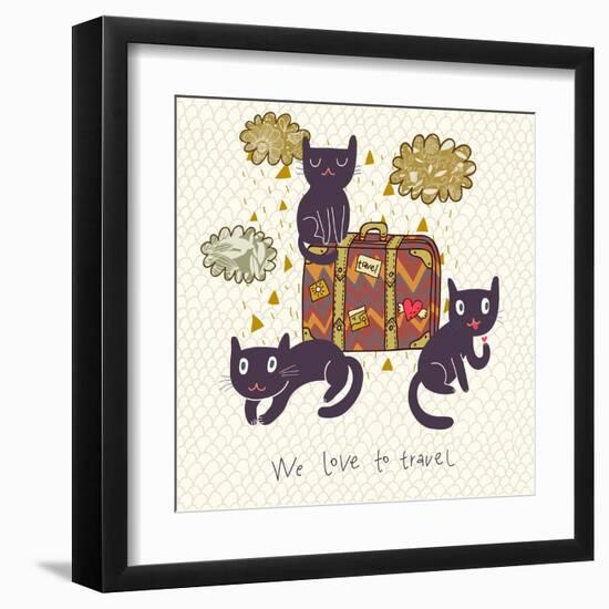 Travel Concept. Cute Cats and Suitcase in Vector-smilewithjul-Framed Art Print