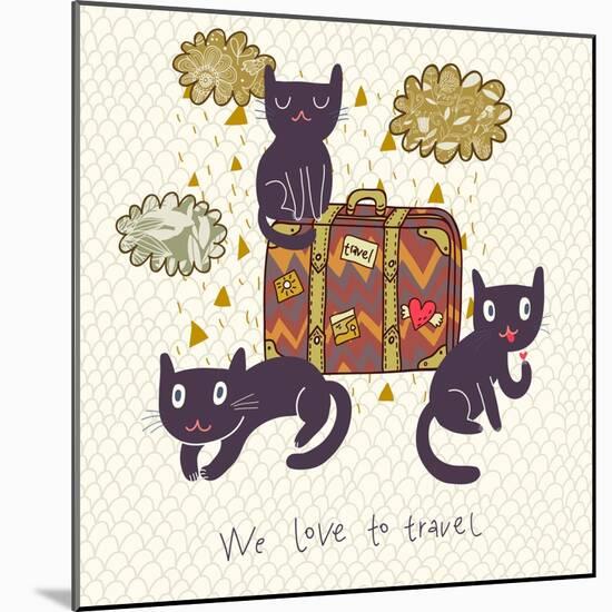 Travel Concept. Cute Cats and Suitcase in Vector-smilewithjul-Mounted Art Print