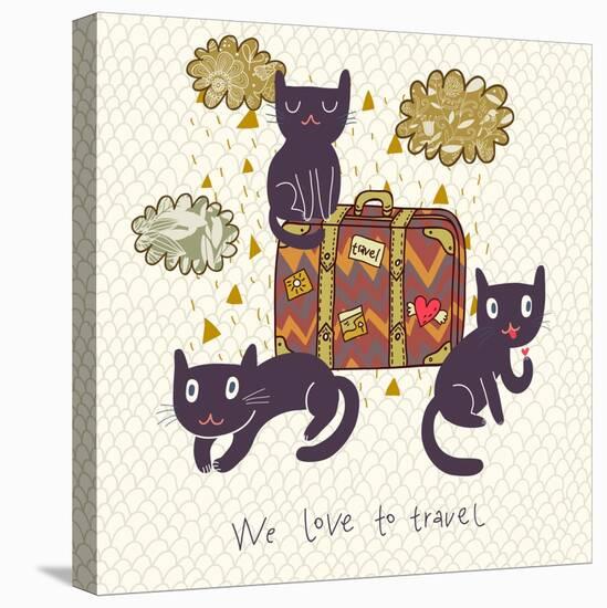 Travel Concept. Cute Cats and Suitcase in Vector-smilewithjul-Stretched Canvas