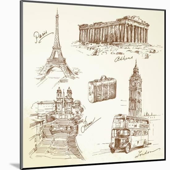 Travel Over Europe - Hand Drawn Collection-canicula-Mounted Art Print