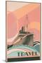 Travel Poster with Ocean Liner-null-Mounted Art Print