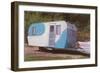Travel Trailer Hooked to Car with Fins-null-Framed Art Print