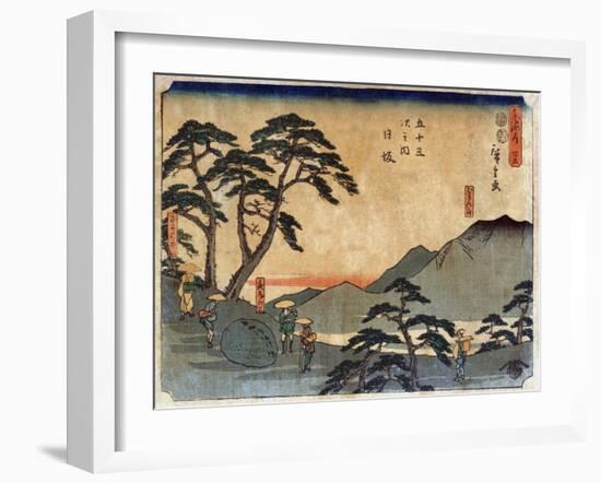 Travelers Standing around Rock at the Nissaka Station, Japanese Wood-Cut Print-Lantern Press-Framed Art Print