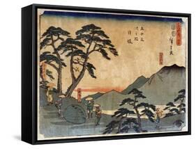 Travelers Standing around Rock at the Nissaka Station, Japanese Wood-Cut Print-Lantern Press-Framed Stretched Canvas