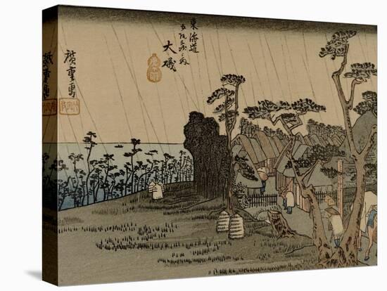 Travelers Walk in the Rain Toward a Narrow Street with Huts, Behind the Sea Is Visible-Utagawa Hiroshige-Stretched Canvas