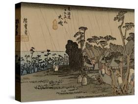 Travelers Walk in the Rain Toward a Narrow Street with Huts, Behind the Sea Is Visible-Utagawa Hiroshige-Stretched Canvas