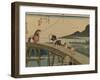 Travelers Walk over the Bridge to the River Kake, a Kite Is Embarrassed by the Other Side-Utagawa Hiroshige-Framed Art Print