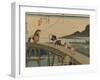 Travelers Walk over the Bridge to the River Kake, a Kite Is Embarrassed by the Other Side-Utagawa Hiroshige-Framed Art Print