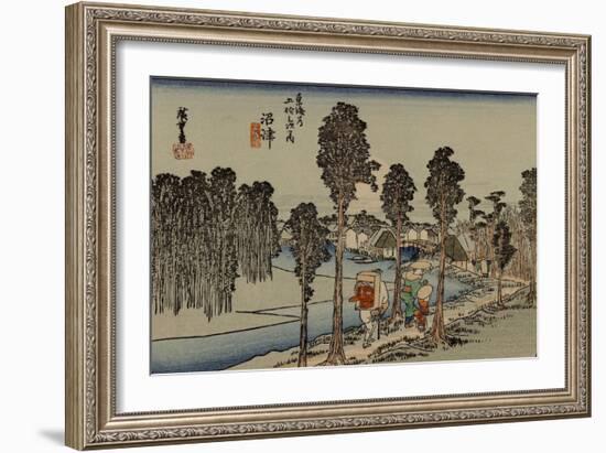 Travelers Walking Along a River, the Back Wearing a Red Tengu Mask on the Back-Utagawa Hiroshige-Framed Art Print