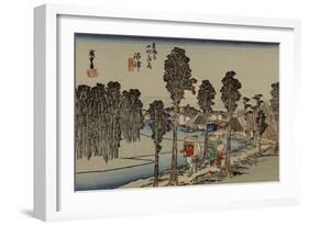 Travelers Walking Along a River, the Back Wearing a Red Tengu Mask on the Back-Utagawa Hiroshige-Framed Art Print