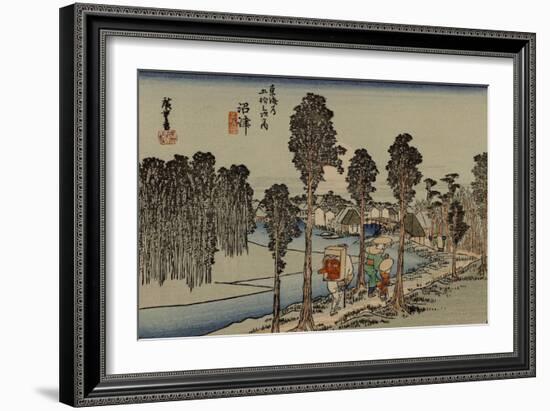 Travelers Walking Along a River, the Back Wearing a Red Tengu Mask on the Back-Utagawa Hiroshige-Framed Art Print