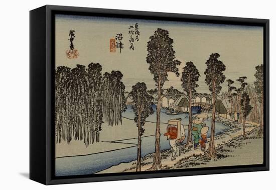 Travelers Walking Along a River, the Back Wearing a Red Tengu Mask on the Back-Utagawa Hiroshige-Framed Stretched Canvas