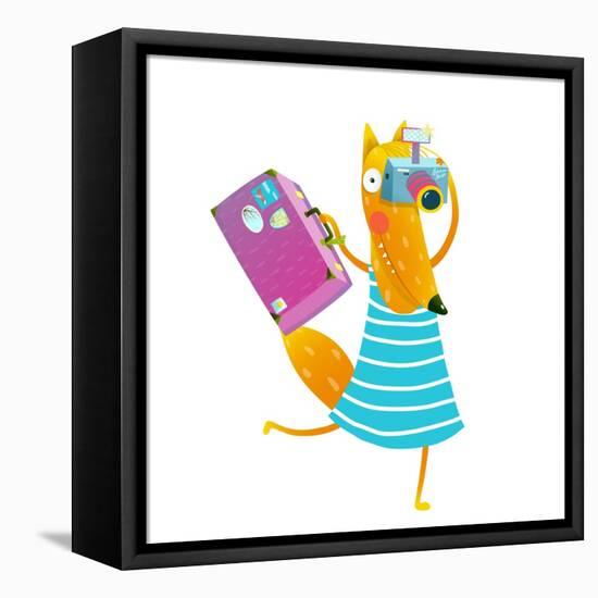 Traveling Fox Tourist with Suitcase and Camera. Funny Wildlife. Cartoon Characters for Children. Ve-Popmarleo-Framed Stretched Canvas