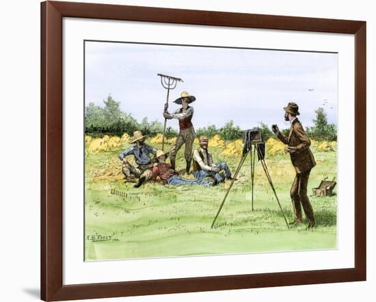 Traveling Photographer Taking a Picture of Farmers in Their Field, c.1880-null-Framed Giclee Print