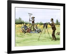 Traveling Photographer Taking a Picture of Farmers in Their Field, c.1880-null-Framed Giclee Print