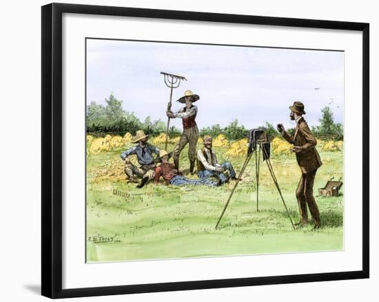 Traveling Photographer Taking a Picture of Farmers in Their Field, c.1880-null-Framed Giclee Print