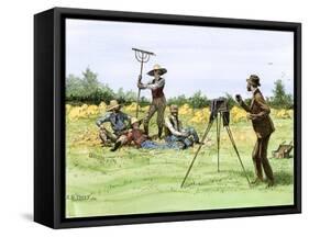 Traveling Photographer Taking a Picture of Farmers in Their Field, c.1880-null-Framed Stretched Canvas