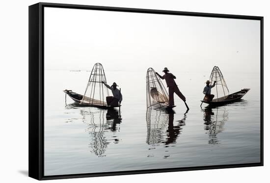 Traveling to Myanmar, Outdoor Photography of Fisherman on Traditional Boat. Intha People from Shan-Banana Republic images-Framed Stretched Canvas