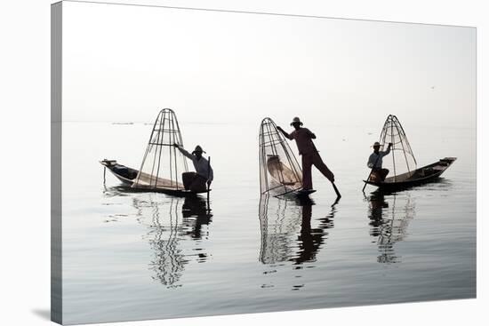 Traveling to Myanmar, Outdoor Photography of Fisherman on Traditional Boat. Intha People from Shan-Banana Republic images-Stretched Canvas