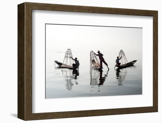 Traveling to Myanmar, Outdoor Photography of Fisherman on Traditional Boat. Intha People from Shan-Banana Republic images-Framed Photographic Print