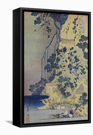 Travellers Climbing Up a Steep Hill to Pay Homage to a Kannon Shrine in a Cave by the Waterfall-Katsushika Hokusai-Framed Stretched Canvas