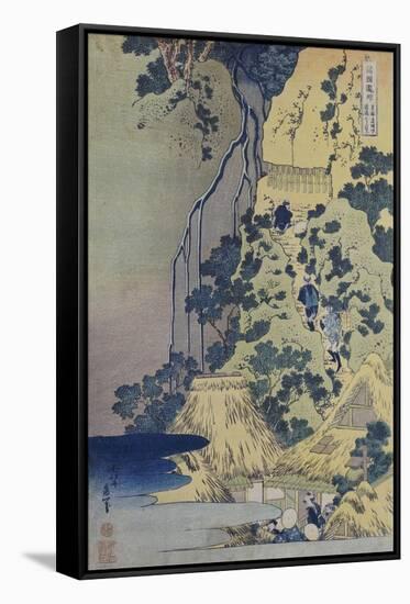 Travellers Climbing Up a Steep Hill to Pay Homage to a Kannon Shrine in a Cave by the Waterfall-Katsushika Hokusai-Framed Stretched Canvas