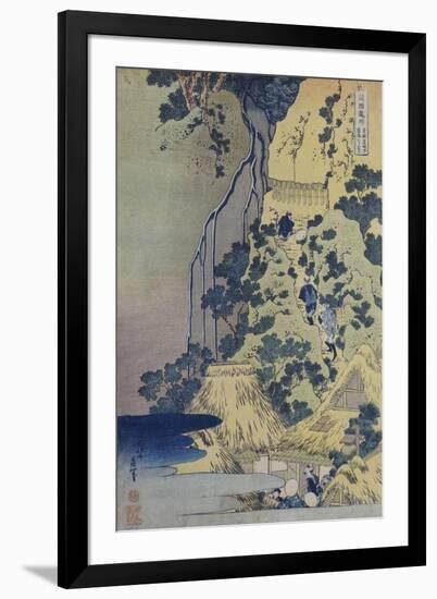 Travellers Climbing Up a Steep Hill to Pay Homage to a Kannon Shrine in a Cave by the Waterfall-Katsushika Hokusai-Framed Giclee Print