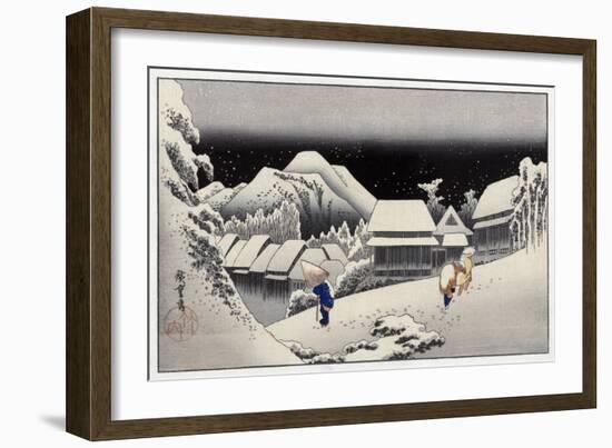 Travellers in the Snow at the Kanbara Station, Japanese Wood-Cut Print-Lantern Press-Framed Art Print