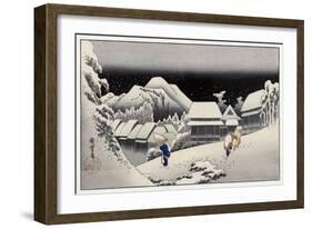 Travellers in the Snow at the Kanbara Station, Japanese Wood-Cut Print-Lantern Press-Framed Art Print