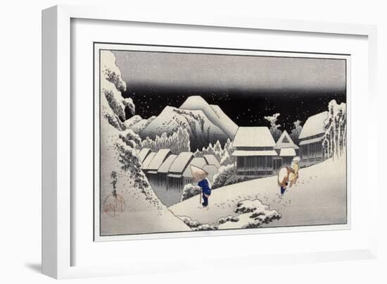 Travellers in the Snow at the Kanbara Station, Japanese Wood-Cut Print-Lantern Press-Framed Art Print