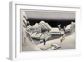 Travellers in the Snow at the Kanbara Station, Japanese Wood-Cut Print-Lantern Press-Framed Art Print