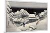 Travellers in the Snow at the Kanbara Station, Japanese Wood-Cut Print-Lantern Press-Mounted Art Print