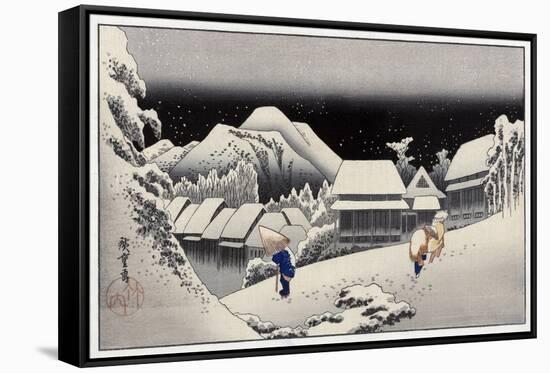 Travellers in the Snow at the Kanbara Station, Japanese Wood-Cut Print-Lantern Press-Framed Stretched Canvas