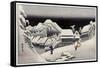 Travellers in the Snow at the Kanbara Station, Japanese Wood-Cut Print-Lantern Press-Framed Stretched Canvas