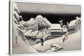 Travellers in the Snow at the Kanbara Station, Japanese Wood-Cut Print-Lantern Press-Stretched Canvas