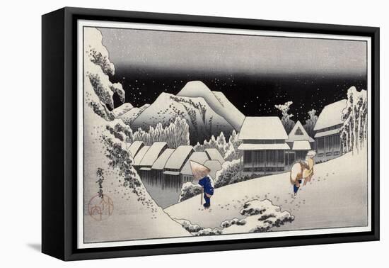 Travellers in the Snow at the Kanbara Station, Japanese Wood-Cut Print-Lantern Press-Framed Stretched Canvas