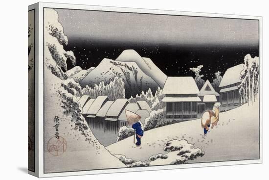 Travellers in the Snow at the Kanbara Station, Japanese Wood-Cut Print-Lantern Press-Stretched Canvas