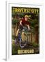 Traverse City, Michigan - Mountain Biker in Trees-Lantern Press-Framed Art Print